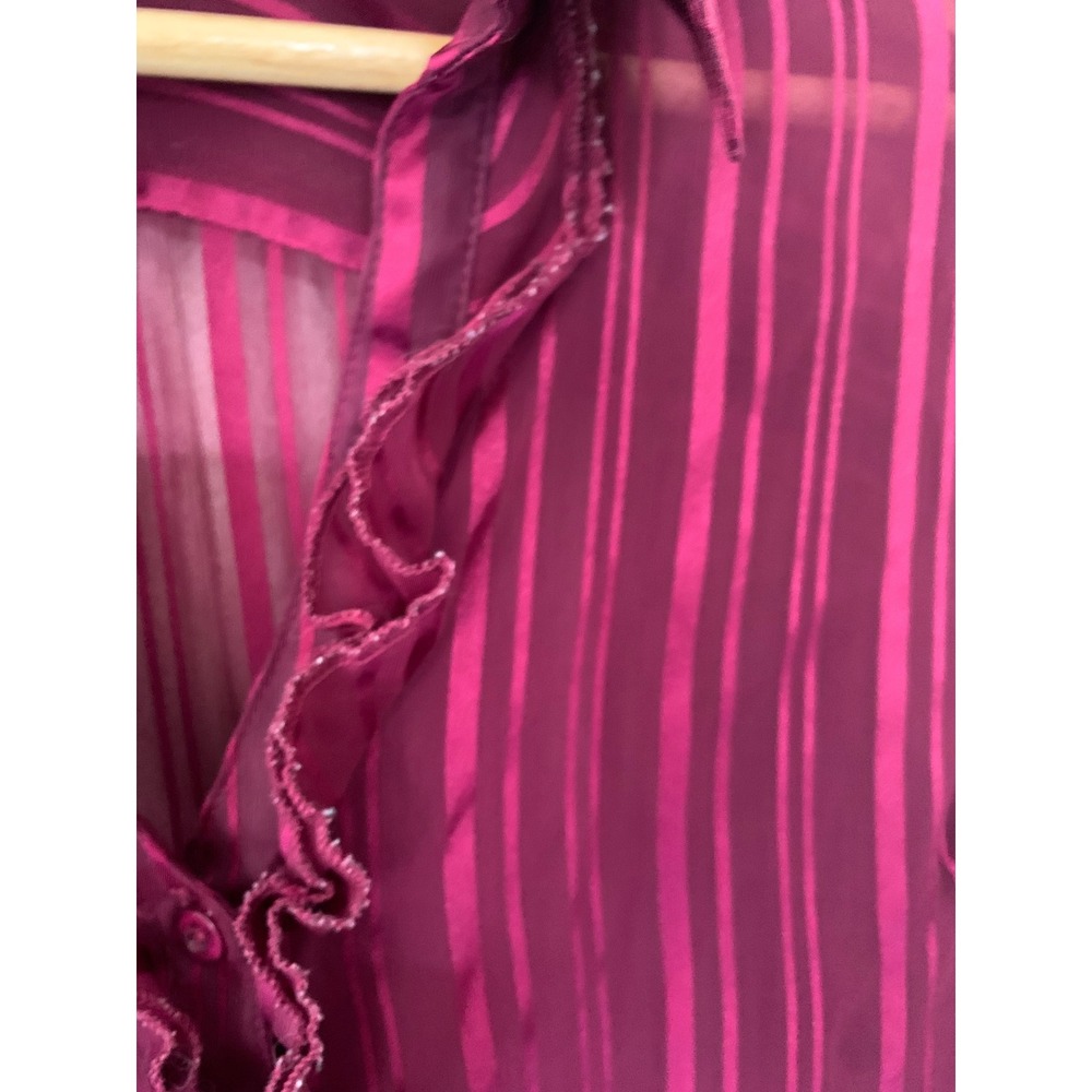 George ME Mark Eisen Dark Raspberry Striped Ruffle Sheer Blouse Size Large - Picture 4 of 14